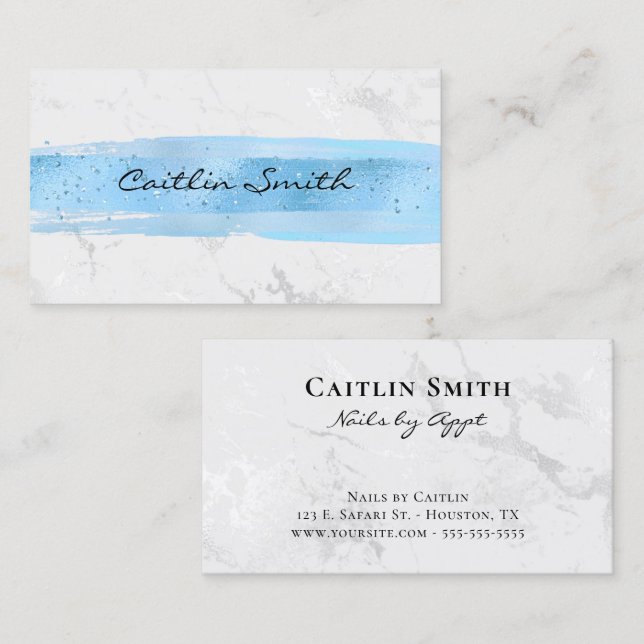 Blue Brush Stroke Silver White Foil Marble Business Card (Front/Back)