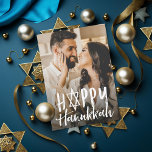 Blue Brushed Happy Hanukkah Holiday Card<br><div class="desc">A brush style hand-lettered font "happy hanukkah" with star of david in place of the "A" in Happy.  A dark turquoise blue design with editable backer colour and option for personalized message.

Photo by Photography © Storytree Studios,  Stanford,  CA</div>