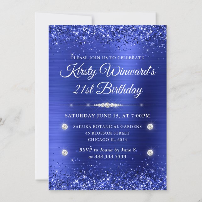 Blue Brushed Metal and Glitter 21st Birthday Invitation (Front)