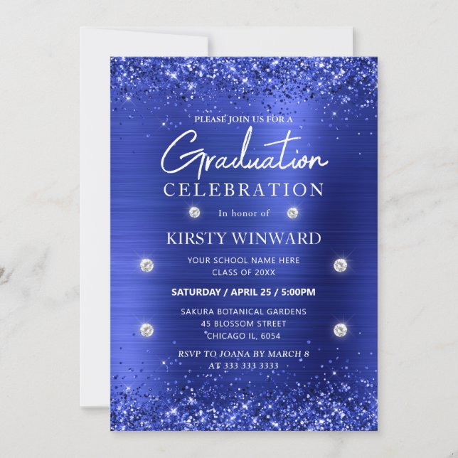 Blue Brushed Metal and Glitter Graduation Invitation (Front)
