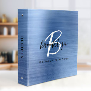 Blue Brushed Metal Black and White Monogram Recipe Binder