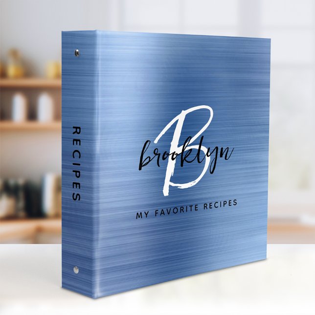 Blue Brushed Metal Black and White Monogram Recipe Binder (Creator Uploaded)