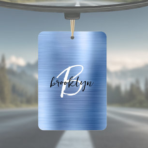 Blue Brushed Metal Black White Script Monogram  Air Freshener