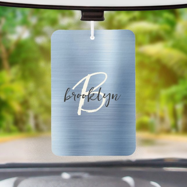 Blue Brushed Metal Black White Script Monogram  Air Freshener (Creator Uploaded)