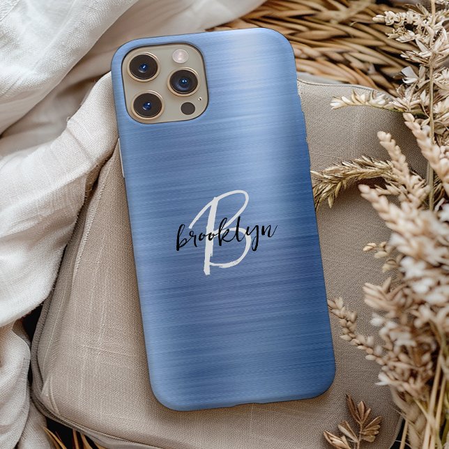 Blue Brushed Metal Black White Script Monogram  Case-Mate iPhone Case (Creator Uploaded)
