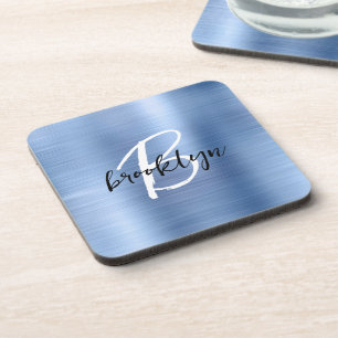 Blue Brushed Metal Black White Script Monogram  Coaster