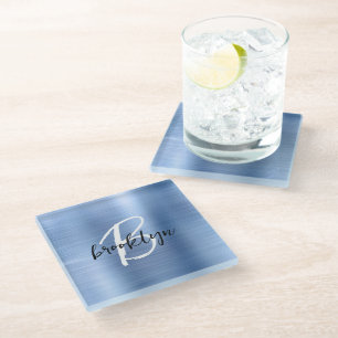 Blue Brushed Metal Black White Script Monogram  Glass Coaster