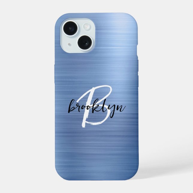 Blue Brushed Metal Black White Script Monogram  iPhone 15 Case (Back)