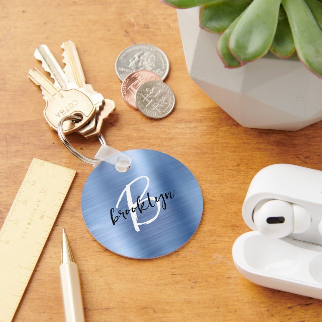 Blue Brushed Metal Black White Script Monogram  Keychain (Desk)