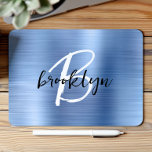 Blue Brushed Metal Black White Script Monogram  Mouse Pad<br><div class="desc">This elegant personalized mouse pad features a monogram and first name in modern black and white script on a light blue brushed metal background.</div>