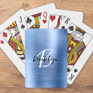 Blue Brushed Metal Black White Script Monogram  Playing Cards