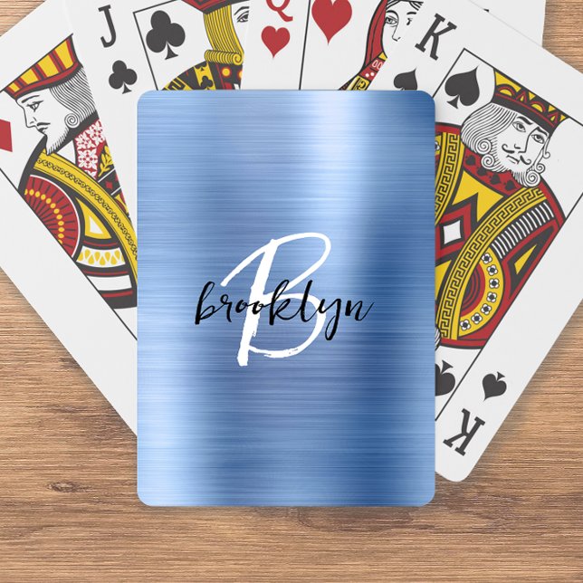 Blue Brushed Metal Black White Script Monogram  Playing Cards (Creator Uploaded)