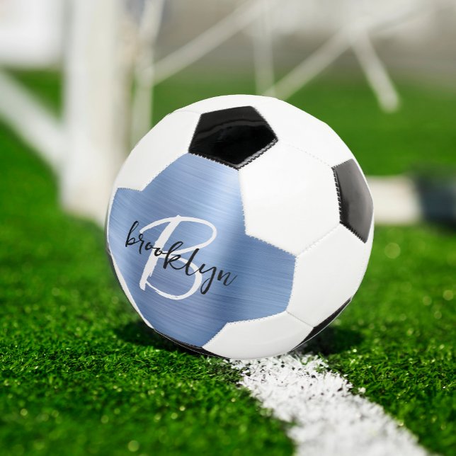 Blue Brushed Metal Black White Script Monogram  Soccer Ball (Creator Uploaded)