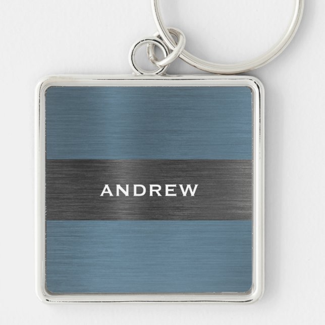 Blue Brushed Metal Metallic Monogram Name  Keychain (Front)