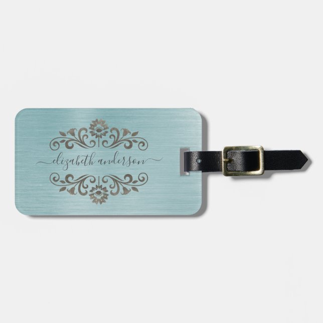 Blue Brushed Metal Monogram Name Script Luggage Tag (Front Horizontal)