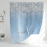 Blue Brushed Metal Silver Glitter Monogram Name<br><div class="desc">Easily personalize this trendy chic shower curtain design featuring pretty silver sparkling glitter on a blue brushed metallic background.</div>