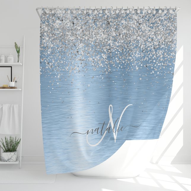 Blue Brushed Metal Silver Glitter Monogram Name (Creator Uploaded)