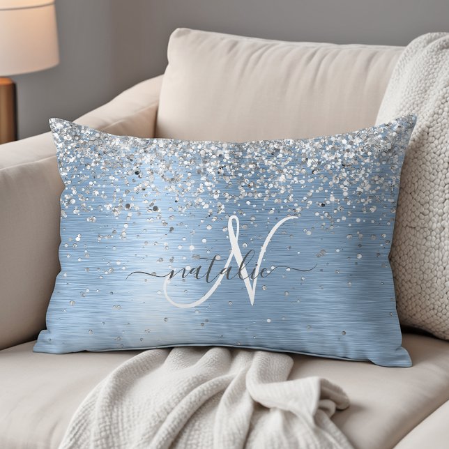 Blue Brushed Metal Silver Glitter Monogram Name Accent Pillow (Creator Uploaded)