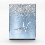 Blue Brushed Metal Silver Glitter Monogram Name Acrylic Award<br><div class="desc">Easily personalize this trendy chic acrylic award design featuring pretty silver sparkling glitter on a blue brushed metallic background.</div>