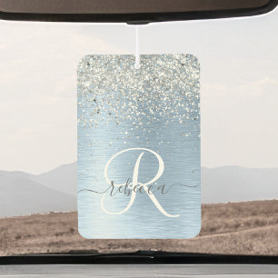 Blue Brushed Metal Silver Glitter Monogram Name Air Freshener