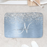 Blue Brushed Metal Silver Glitter Monogram Name Bath Mat<br><div class="desc">Easily personalize this trendy chic bath mat design featuring pretty silver sparkling glitter on a blue brushed metallic background.</div>