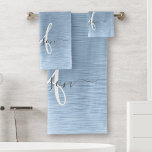 Blue Brushed Metal Silver Glitter Monogram Name Bath Towel Set<br><div class="desc">Easily personalize this trendy chic bath towel set design featuring pretty silver sparkling glitter on a blue brushed metallic background.</div>