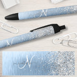 Blue Brushed Metal Silver Glitter Monogram Name Black Ink Pen<br><div class="desc">Easily personalize this trendy chic pen design featuring pretty silver sparkling faux glitter on a blue brushed metallic background.</div>