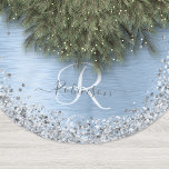 Blue Brushed Metal Silver Glitter Monogram Name Brushed Polyester Tree Skirt<br><div class="desc">Easily personalize this trendy chic Christmas tree skirt design featuring pretty silver sparkling faux glitter on a blue brushed metallic background.</div>