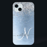 Blue Brushed Metal Silver Glitter Monogram Name iPhone 15 Mini Case<br><div class="desc">Easily personalize this trendy chic phone case design featuring pretty silver sparkling glitter on a blue brushed metallic background.</div>