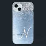 Blue Brushed Metal Silver Glitter Monogram Name iPhone 15 Mini Case<br><div class="desc">Easily personalize this trendy chic phone case design featuring pretty silver sparkling glitter on a blue brushed metallic background.</div>