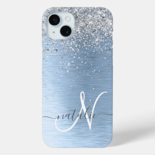 Blue Brushed Metal Silver Glitter Monogram Name iPhone 15 Mini Case