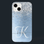 Blue Brushed Metal Silver Glitter Monogram Name Case-Mate iPhone 14 Case<br><div class="desc">Easily personalize this trendy chic phone case design featuring pretty silver sparkling glitter on a blue brushed metallic background.</div>