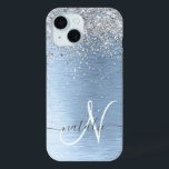 Blue Brushed Metal Silver Glitter Monogram Name iPhone 15 Case<br><div class="desc">Easily personalize this trendy chic phone case design featuring pretty silver sparkling glitter on a blue brushed metallic background.</div>
