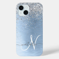 Blue Brushed Metal Silver Glitter Monogram Name