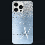 Blue Brushed Metal Silver Glitter Monogram Name iPhone 16 Pro Max Case<br><div class="desc">Easily personalize this trendy chic phone case design featuring pretty silver sparkling glitter on a blue brushed metallic background.</div>