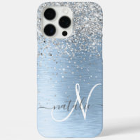 Blue Brushed Metal Silver Glitter Monogram Name