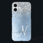 Blue Brushed Metal Silver Glitter Monogram Name iPhone 16 Plus Case<br><div class="desc">Easily personalize this trendy chic phone case design featuring pretty silver sparkling glitter on a blue brushed metallic background.</div>