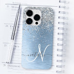Blue Brushed Metal Silver Glitter Monogram Name Case-Mate iPhone 14 Pro Case<br><div class="desc">Easily personalize this trendy chic phone case design featuring pretty silver sparkling glitter on a blue brushed metallic background.</div>