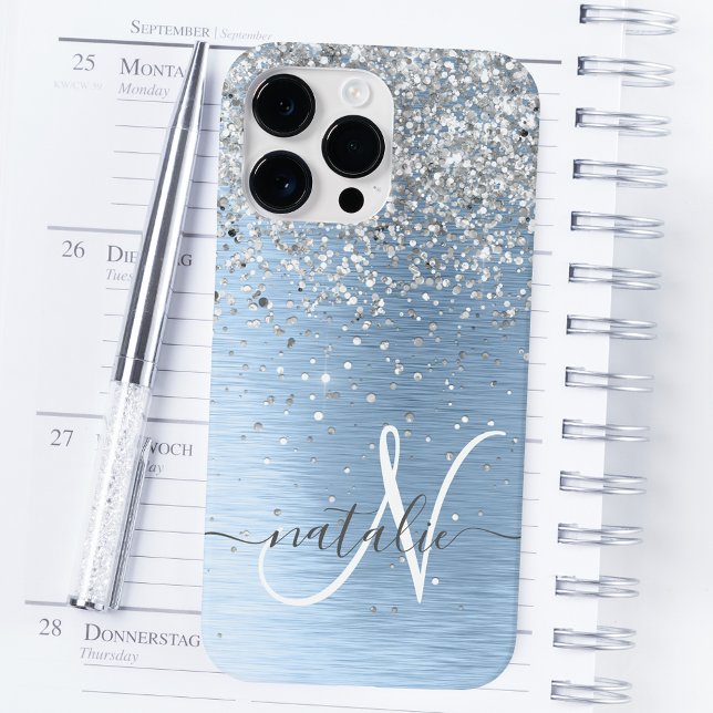 Blue Brushed Metal Silver Glitter Monogram Name Case-Mate iPhone Case (Creator Uploaded)