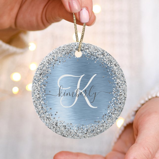 Blue Brushed Metal Silver Glitter Monogram Name Ceramic Ornament (Creator Uploaded)