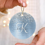 Blue Brushed Metal Silver Glitter Monogram Name Ceramic Ornament<br><div class="desc">Easily personalize this trendy chic ornament design featuring pretty silver sparkling faux glitter on a blue brushed metallic background.</div>