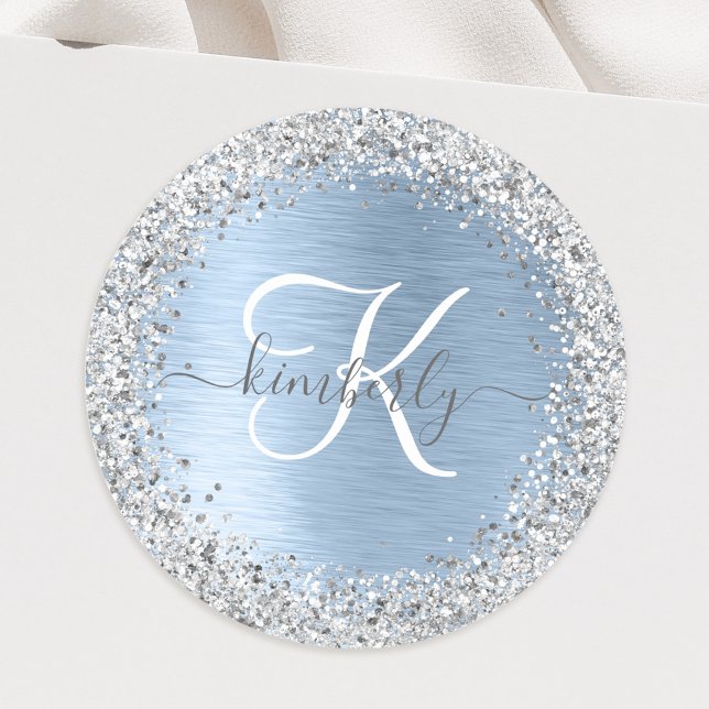 Blue Brushed Metal Silver Glitter Monogram Name Classic Round Sticker (Creator Uploaded)