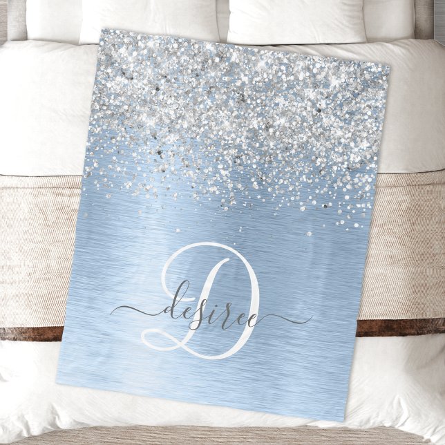 Blue Brushed Metal Silver Glitter Monogram Name Fleece Blanket (Creator Uploaded)