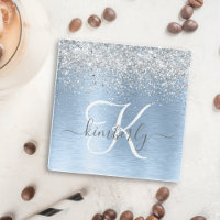 Blue Brushed Metal Silver Glitter Monogram Name