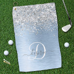 Blue Brushed Metal Silver Glitter Monogram Name Golf Towel<br><div class="desc">Easily personalize this trendy chic golf towel design featuring pretty silver sparkling glitter on a blue brushed metallic background.</div>