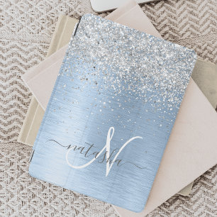 Blue Brushed Metal Silver Glitter Monogram Name iPad Mini Cover