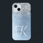 Blue Brushed Metal Silver Glitter Monogram Name iPhone 15 Case<br><div class="desc">Easily personalize this trendy chic phone case design featuring pretty silver sparkling glitter on a blue brushed metallic background.</div>