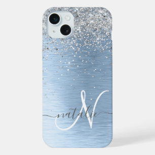 Blue Brushed Metal Silver Glitter Monogram Name iPhone 15 Plus Case