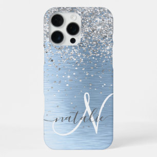 Blue Brushed Metal Silver Glitter Monogram Name iPhone 16 Pro Max Case