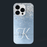 Blue Brushed Metal Silver Glitter Monogram Name iPhone 14 Pro Case<br><div class="desc">Easily personalize this trendy chic phone case design featuring pretty silver sparkling glitter on a blue brushed metallic background.</div>